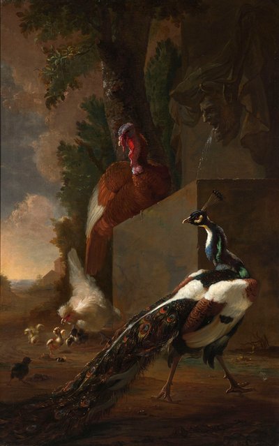 Bir Peacock, Hindi ve Piliçleri ile Klasik Bir Çeşmenin Yanında Peyzajda Tavuk by Abraham Bisschop
