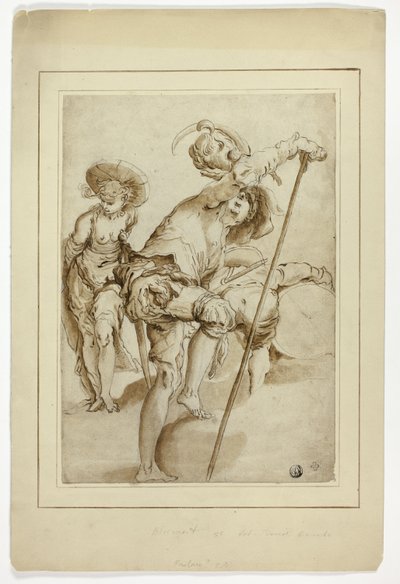 Ayakta duran bir asker, ayakta duran bir kadın ve eğilmiş bir davulcu by Abraham Bloemaert