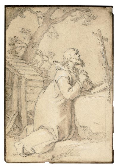 Phermae Aziz Paul bir haç önünde dua diz çökmüş (siyah tebeşir, kalem ve kahverengi mürekkep, kahverengi yıkama) by Abraham Bloemaert
