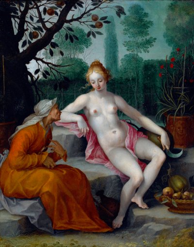 Vertumnus ve Pomona (mevsim tanrısı, perinin bahçesine girmek için yaşlı bir kadın kılığına girer) - Abraham Bloemaert (1566-1651), bakır üzerine yağlı boya, 1605 civarında - (Vertumnus ve Pomona, Abraham tarafından) Bloemaert, bakır üzerine yağ, c1605) by Abraham Bloemaert