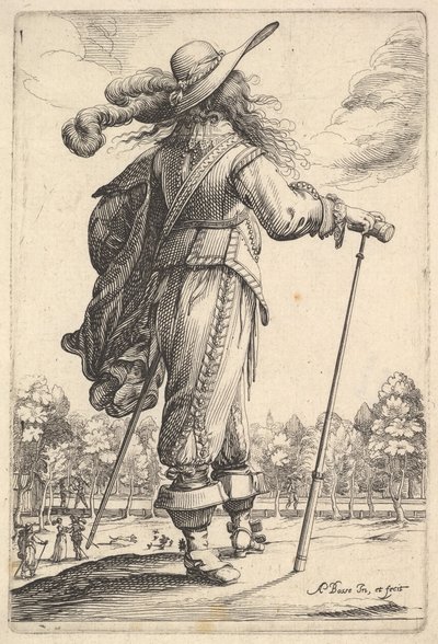 Arkadan görülen, bastonla sağa doğru yürüyen ve tüylü bir beyefendi ..., 1629. by Abraham Bosse