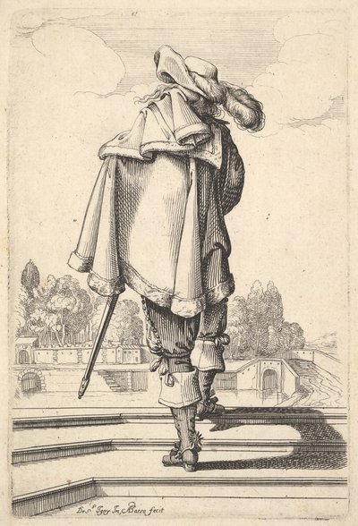 Sol omzunun üzerinde bir pelerin ile korkuluktan yukarı yürüyen arkadan görülen bir beyefendi..., 1629. by Abraham Bosse