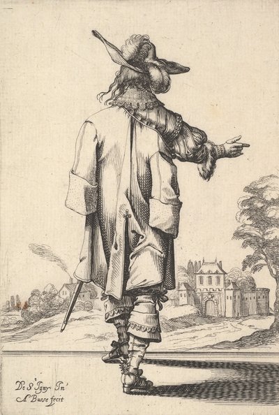 Sağ kolu uzanmış ve sol kolunun üzerinde bir pelerin ile arkadan görülen bir beyefendi..., 1629. by Abraham Bosse