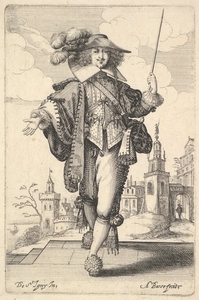 Sağ kolunu uzatmış ve sol elinde bir kırbaçla ileri doğru yürüyen bir beyefendi..., 1629. by Abraham Bosse