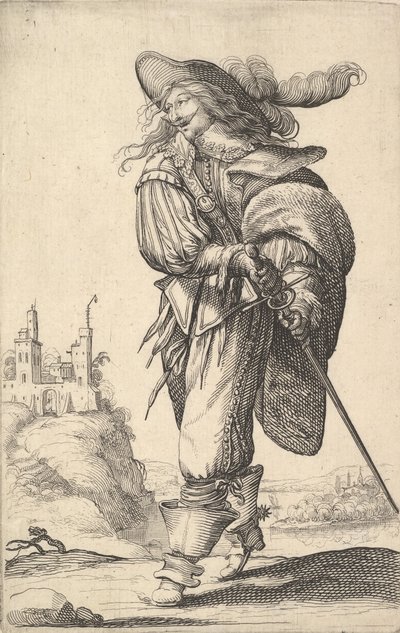 Sola doğru yürüyen ve kılıcını kınından çıkaran bir beyefendi, palto giyiyor..., 1629. by Abraham Bosse