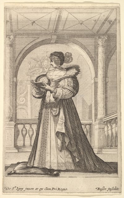 Ayakta duran, profilden sola bakan, şapkalı ve dantel yakalı bir kadın, kitap okuyor..., yakl. 1629. by Abraham Bosse