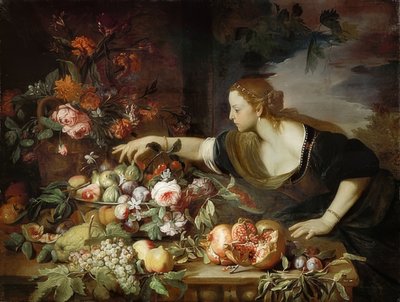Çiçek ve meyve olan kadın. 1669 by Abraham Brueghel