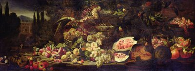 Yeşil bir papağan ve gümüş bir vazo ile meyve natürmort by Abraham Brueghel
