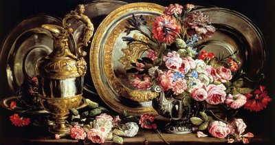 Abraham Brueghel (1631-1697) tarafından gümüş ve çiçeklerle natürmort, panel üzerine yağlı boya by Abraham Brueghel