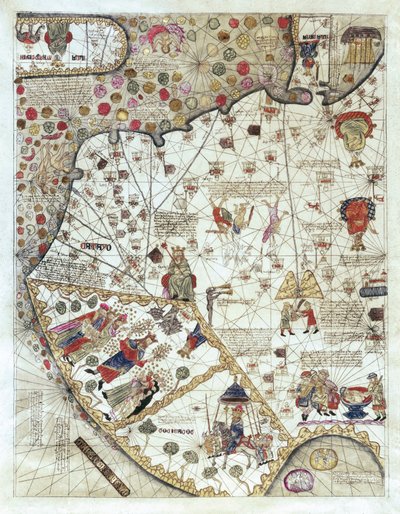 Çin Haritası (Cathay), küçük sahnelerin açıklamaları, krallıkların her seferinde temsil edilen egemenliğiyle sınırlandırılması by Abraham and Cresques Jehuda Cresques