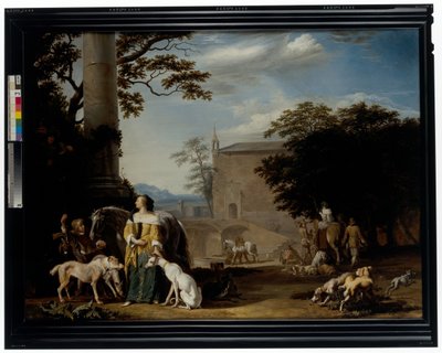 Avcıların ve hayvanlarının bir sulama yerinde dinlendikleri ormanlık bir manzara by Abraham Danielsz. Hondius