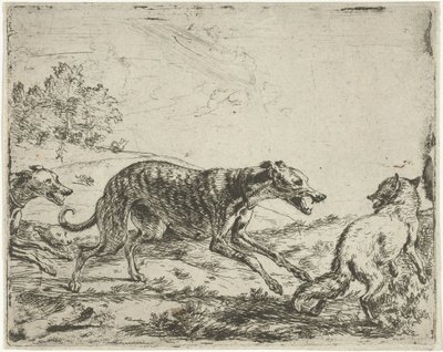 Fox ve üç köpek by Abraham Danielsz. Hondius