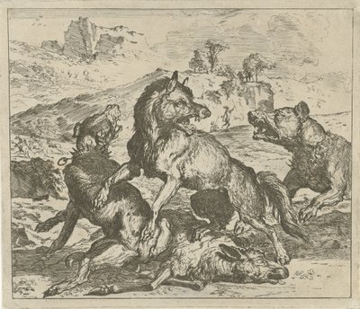 Köpeklerin saldırısına uğrayan kurt Farklı hayvanlar (dizi başlığı) by Abraham Danielsz. Hondius