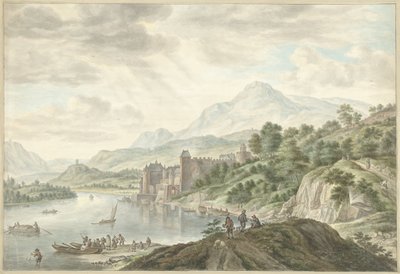 Bir nehir üzerinde bir kale ile tepelik manzara by Abraham Delfos