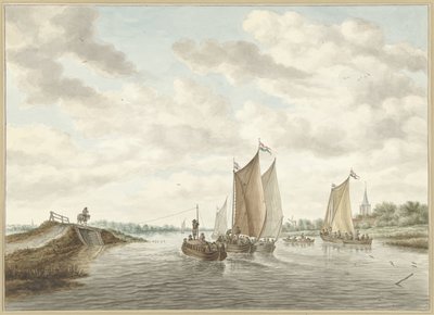 Farklı mavnalar ile nehir manzarası by Abraham Delfos