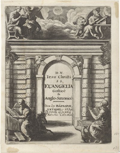 Bir geçidin etrafında dört evangelist Başlık sayfası: Junius, Franciscus ve Marshall, Thomas. Quatuor D.N. Jesu Christi S.S. Evangelia Gothicè ve Anglo-Saxonicè, 1665 by Abraham Dircksz. Santvoort