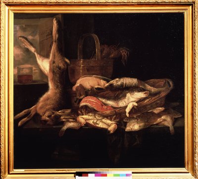 "Balıklarla Natürmort ve Ölü Bir Tavşan" tablosu Abraham Hendricksz van Beyeren (1620/21-1690) (ec. holl.) 17. yüzyıl Puşkin Müzesi, Moskova by Abraham Hendricksz van Beyeren