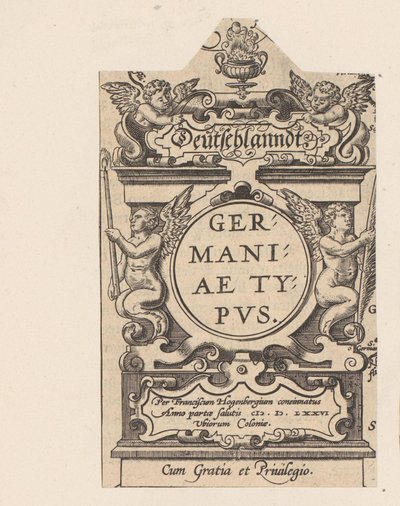 Cartouche bir araya geldi vier putti Cartouche van een kaart van Duitsland Deutschlandt. Almanya yazın (nesnedeki başlık) Dünya Tiyatrosu (dizi adı) by Abraham Hogenberg