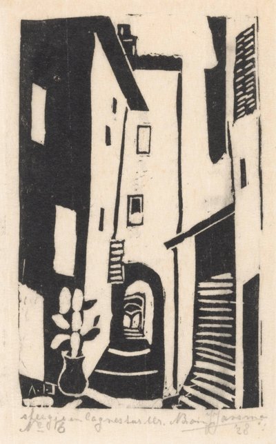 Cagnes-sur-Mer'deki Cagnes-sur-Mer Alley'de merdivenli sokak görünümü (nesnedeki başlık) by Abraham Johannes Jansma (signed by artist)