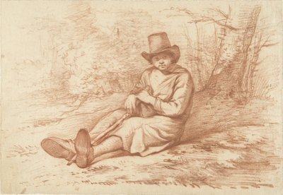 Bir ağacın yanında şapka ve sopa ile oturan çocuk by Abraham Johannes Ruytenschildt
