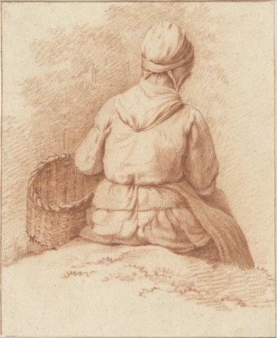 Kolunda sepetle oturan balıkçı, arkadan görülüyor by Abraham Johannes Ruytenschildt