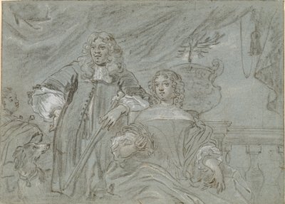 Oturan bir bayan ve ayakta duran bir beyefendi grubu, diz figürleri. Arka planda siyah bir Afrikalı ve bir köpek, t.h. korkuluk by Abraham Lambertsz. van den Tempel