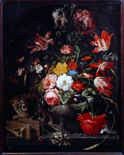 Çiçek vazosunu deviren kedi. Abraham Mignon (1640-1679) ec tarafından boyama. Tümü by Abraham Mignon
