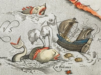 (Detay). Bir gemiye saldıran deniz canavarları. by Abraham Ortelius
