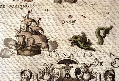 Bir kalyona (karavel) saldıran bir deniz canavarı. Abraham Ortelius, Antwerp 1584 tarafından “Theatrum Orbis Terrarum” da bir haritanın detayı. by Abraham Ortelius
