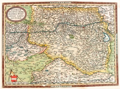 Avusturya Ducatus Chorographia Wolfgango Lazio Auctore Tuna Nehri ve Viyana şehri ile Avusturya topraklarının Abraham Ortelius (Oertel, Ortell veya Ortel) tarafından “Theatrum Orbis Terrarum” dan Coğrafya haritası by Abraham Ortelius
