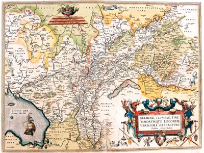 Gelriae, Cliviae, Finitimorum Qe Locos Verissima Descriptio Christiana Schrot Yazar Tarafından Abraham Ortelius (Oertel, Ortell veya Ortel) tarafından "Theatrum Orbis Terrarum" dan Alman Hollanda topraklarının coğrafya haritası by Abraham Ortelius