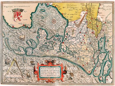 Hollandia antiquorum catthorum sedis nova descriptio, auctore Jacobo a daventria Amsterdam ve Haarlem şehirleri ile Hollanda topraklarının coğrafya haritası... Abraham Ortelius (Oertel, Ortell veya Orte) tarafından "Theatrum Orbis Terrarum"dan alınmıştır. by Abraham Ortelius