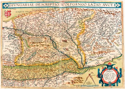 Macarca Açıklama, Wolfgango Lazio Auct. Abraham Ortelius (Oertel, Ortell veya Ortel) tarafından “Theatrum Orbis Terrarum” dan Macaristan topraklarının coğrafya haritası by Abraham Ortelius