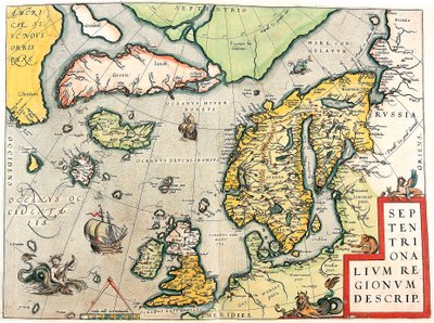 açıkla. Abraham Ortelius (Oertel, Ortell veya Ortel) tarafından "Theatrum Orbis Terrarum" dan İskandinavya ve Kuzey Avrupa