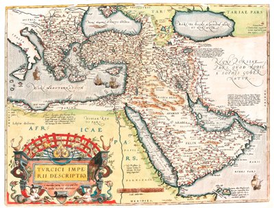 Turcici imperii descriptio Abraham Ortelius (Oertel, Ortell veya Ortel) tarafından “Theatrum Orbis Terrarum”dan alınan Osmanlı İmparatorluğu topraklarının coğrafya haritası by Abraham Ortelius