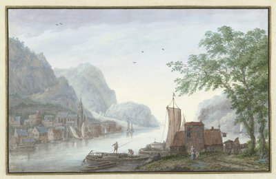 Nehir üzerinde bir köy manzaralı dağlık manzara by Abraham Rademaker