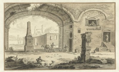 Klasik binalar ve bir kemerin altında bir manzara ile hayali İtalyan şehir manzarası by Abraham Rademaker