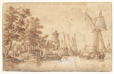 Kale ve gemiler ile Ren manzarası by Abraham Storck
