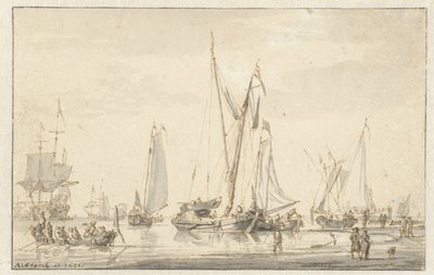 Demirli gemilerle sahil manzarası by Abraham Storck