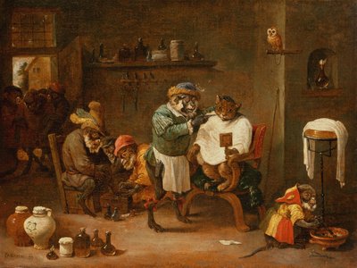 Maymunlar tarafından işletilen bir Berber Dükkanında Bir Kedi (tuval üzerine yağlı boya) by Abraham Teniers