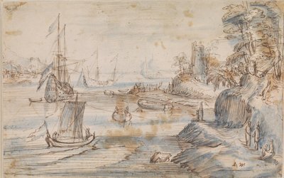 Birkaç gemi ile kıyı manzarası, birkaç figürlü yüksek bir sahil by Abraham Willaerts