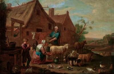 Çiftlik Avlusunda Sığır, Koyun ve Keçili Köylü Ailesi (tuval üzerine yağlı boya) by Abraham Willemsens