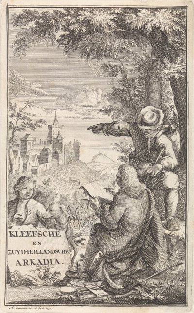 Gezgin Cleves şehrini çizer Başlık sayfası: C. Bruin, Kleefsche ve Zuid-Hollandsche Arkadia (...), 1730 by Abraham Zeeman