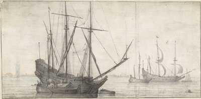 Kıyıya yakın durgun suda yelkenli gemiler by Abraham de Verwer (possibly)
