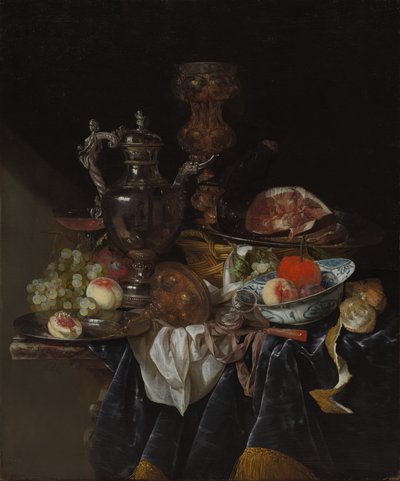 Gümüş Şarap Sürahisi, Jambon ve Meyve by Abraham van Beyeren