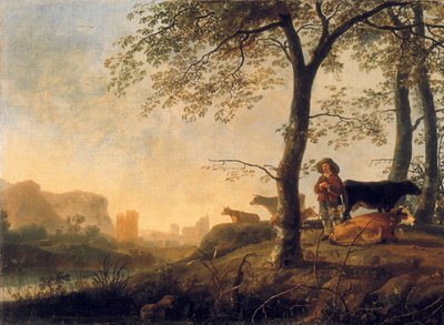 Bir koruluğun kenarında bir inek ve ineklerle akşam nehir manzarası, bir köprü ve ötesindeki harabeler by Abraham van Calraet