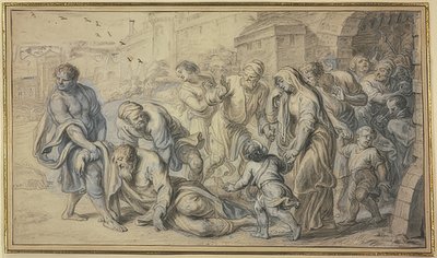 Yaşlı adam bir şehrin duvarları önünde sakinler tarafından yerden kaldırıldı by Abraham van Diepenbeeck
