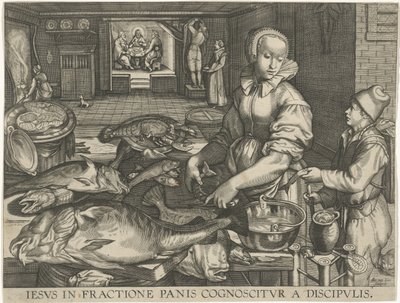 Keukenstuk, schoonmaakt istediğiniz gün vrouw ile tanıştı İsa, müritleri tarafından ekmeğin kırılmasında bilinir (nesne üzerindeki başlık) by Abraham van Lier