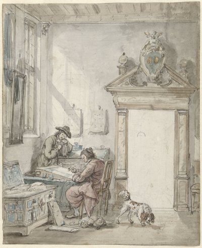 Masa başında yazı yazan bir adamla iç sahne by Abraham van Strij (I)