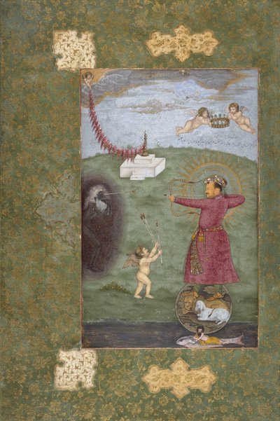 İmparator Cihangir Yoksulluğa Karşı Zafer Kazanıyor, c.1620-25 (opak suluboya, altın ve kağıt üzerine mürekkep) by Abul Hasan